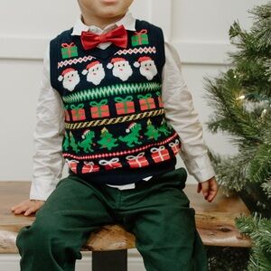 Festive Christmas Sweater Vest with White Shirt and Green Pants